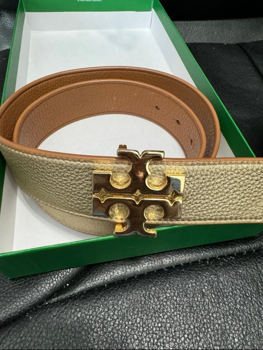 Tory Burch Metallic Gold Leather Belt with Signature Logo Buckle